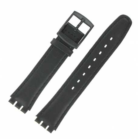 Bracelet de montre 17mm Noir Adaptable Swatch Uhren Skin en Cuir Véritable