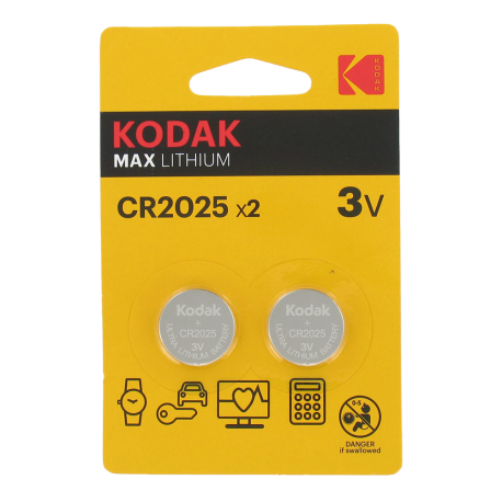 Blister de 2 Piles bouton CR2025 lithium Max 3 Volts Kodak®