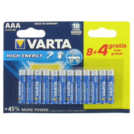 12 Piles AAA LR03 1.5 Volts Alcalines High Energy Pack 8 + 4 Gratuites Varta®